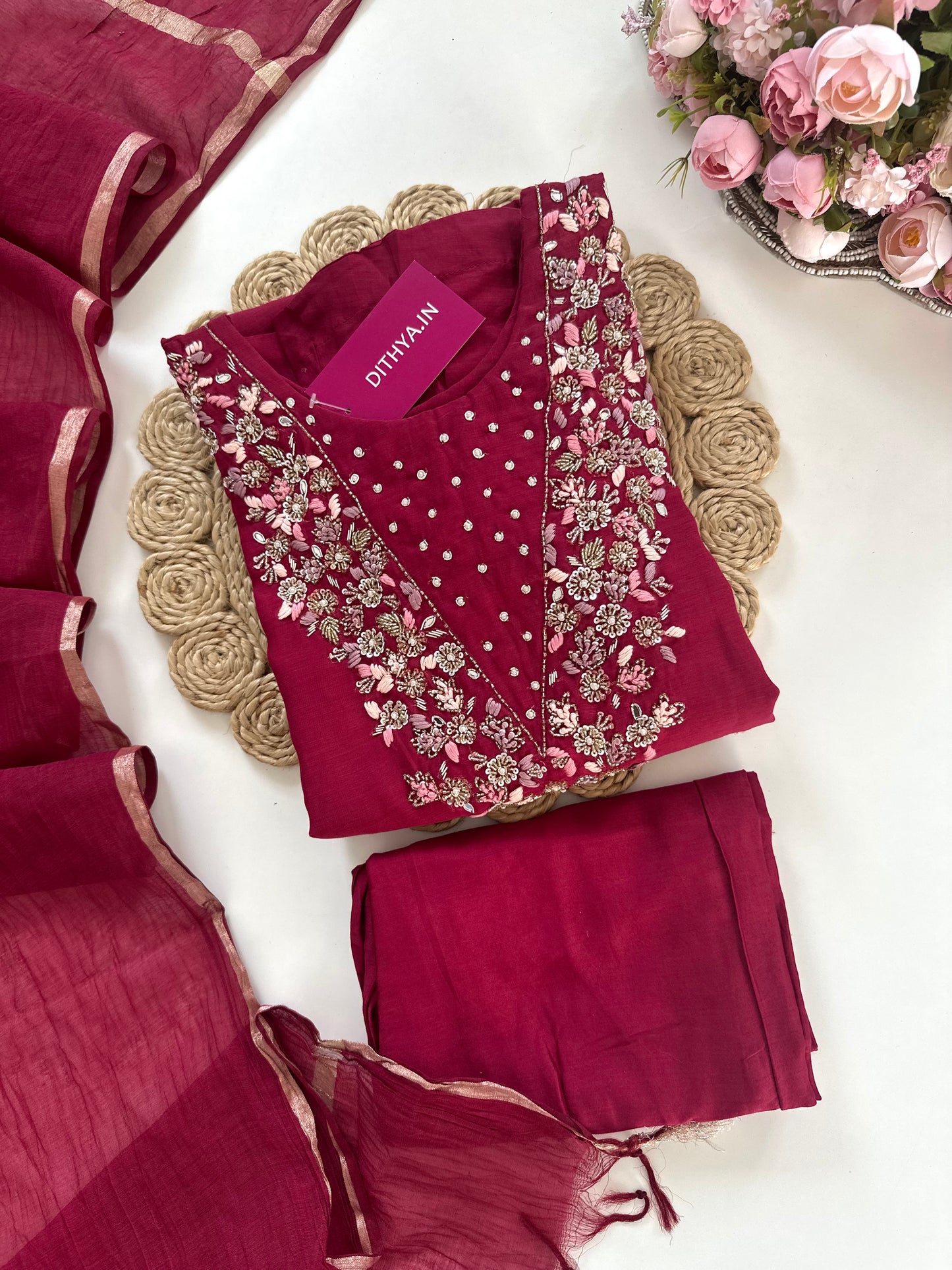 K021 - Mul Chanderi handwork Aline Kurti with pants and dupatta