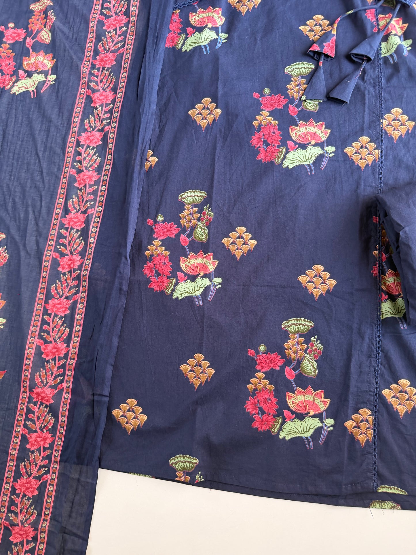 K730 - Mul cotton floral angrakha straight Kurti with pants and dupatta