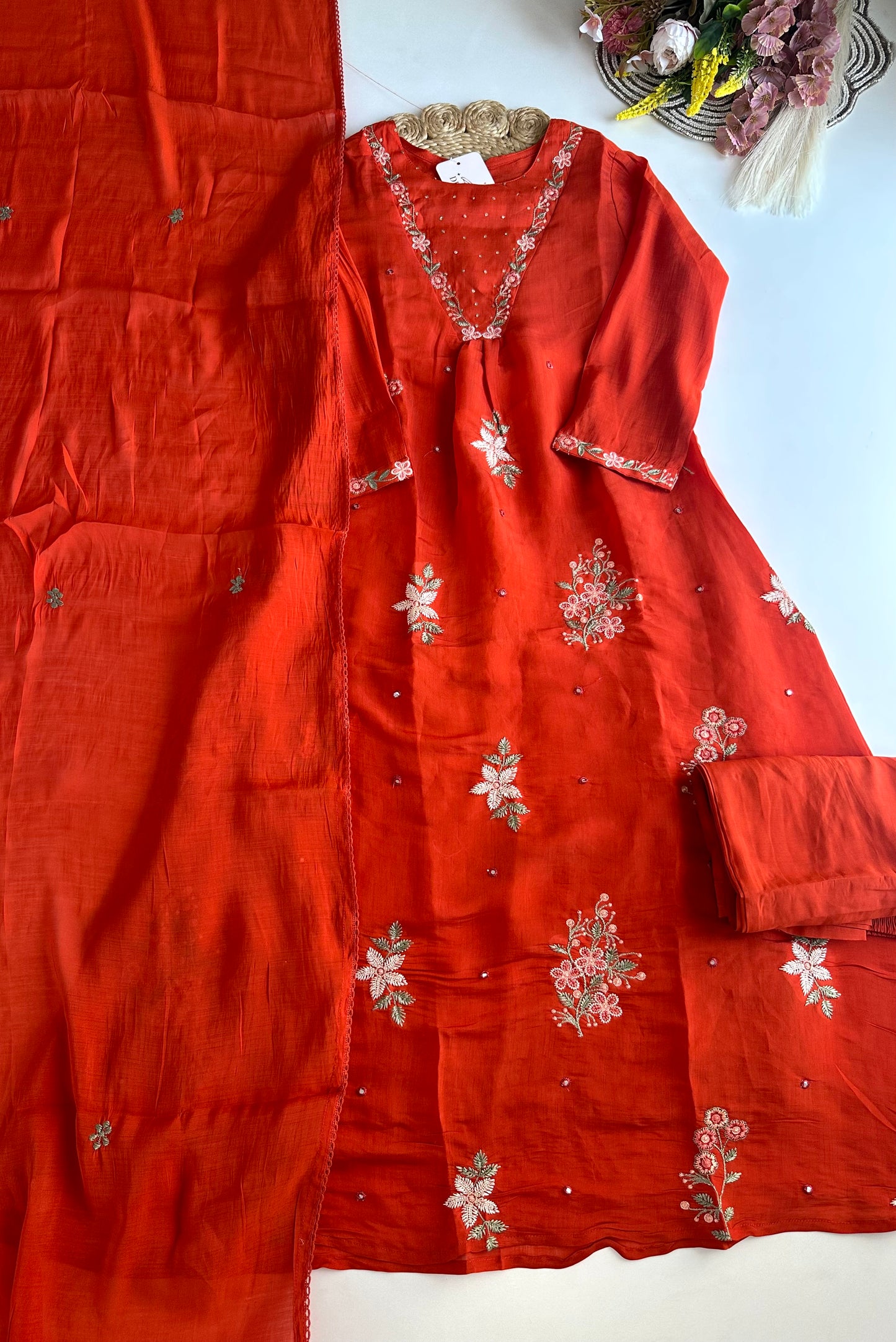 K466-Chanderi cotton Aline Kurti with pants and dupatta