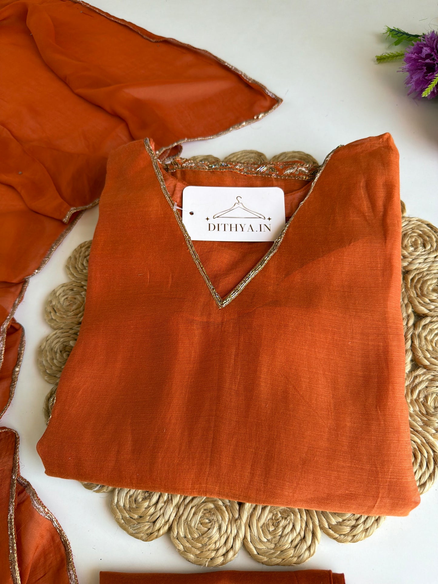 K260 - Mul chanderi handwork Aline Kurti with pants and dupatta