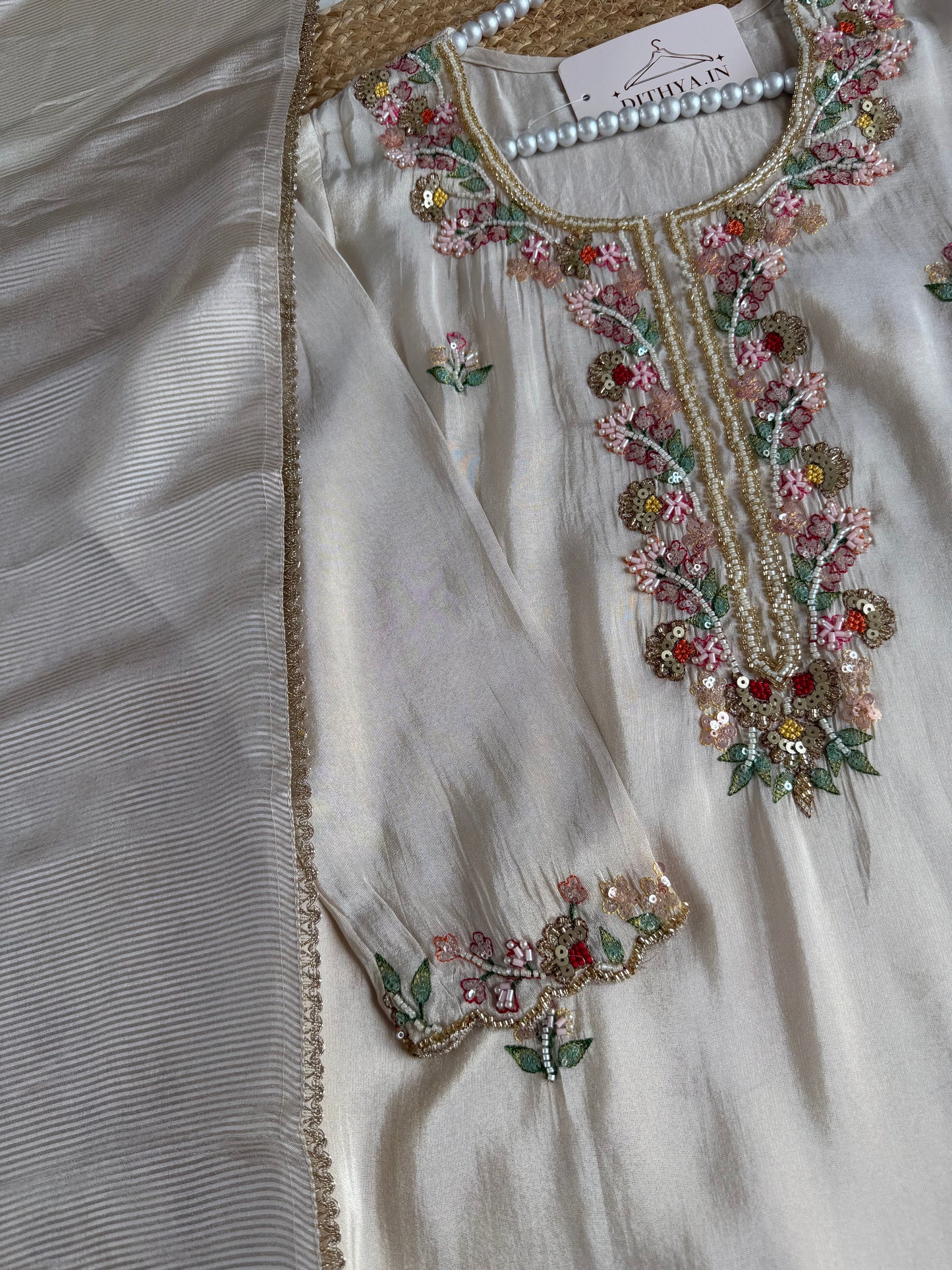 K681 - Tissue silk handwork straight Kurti with pants and dupatta