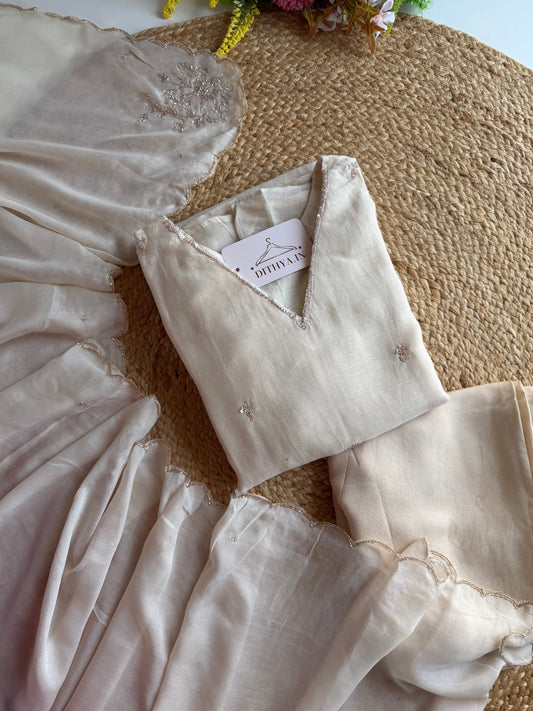 K140 - Mul chanderi handwork Aline Kurti with pants and dupatta