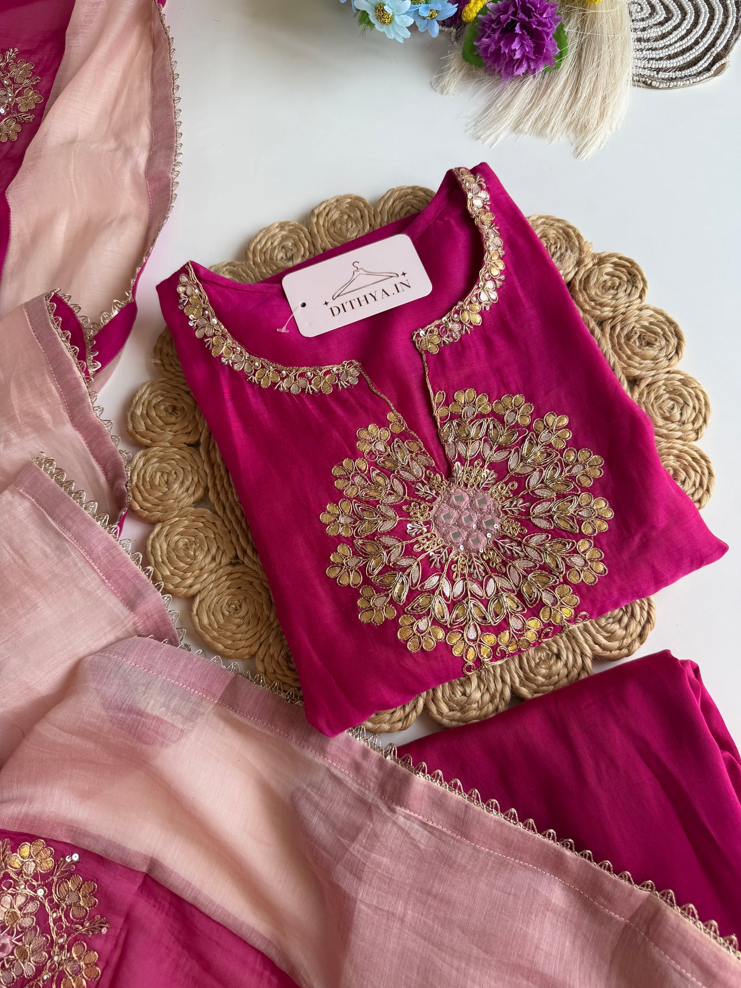 K584 - Mul chanderi gota work straight Kurti with pants and dupatta