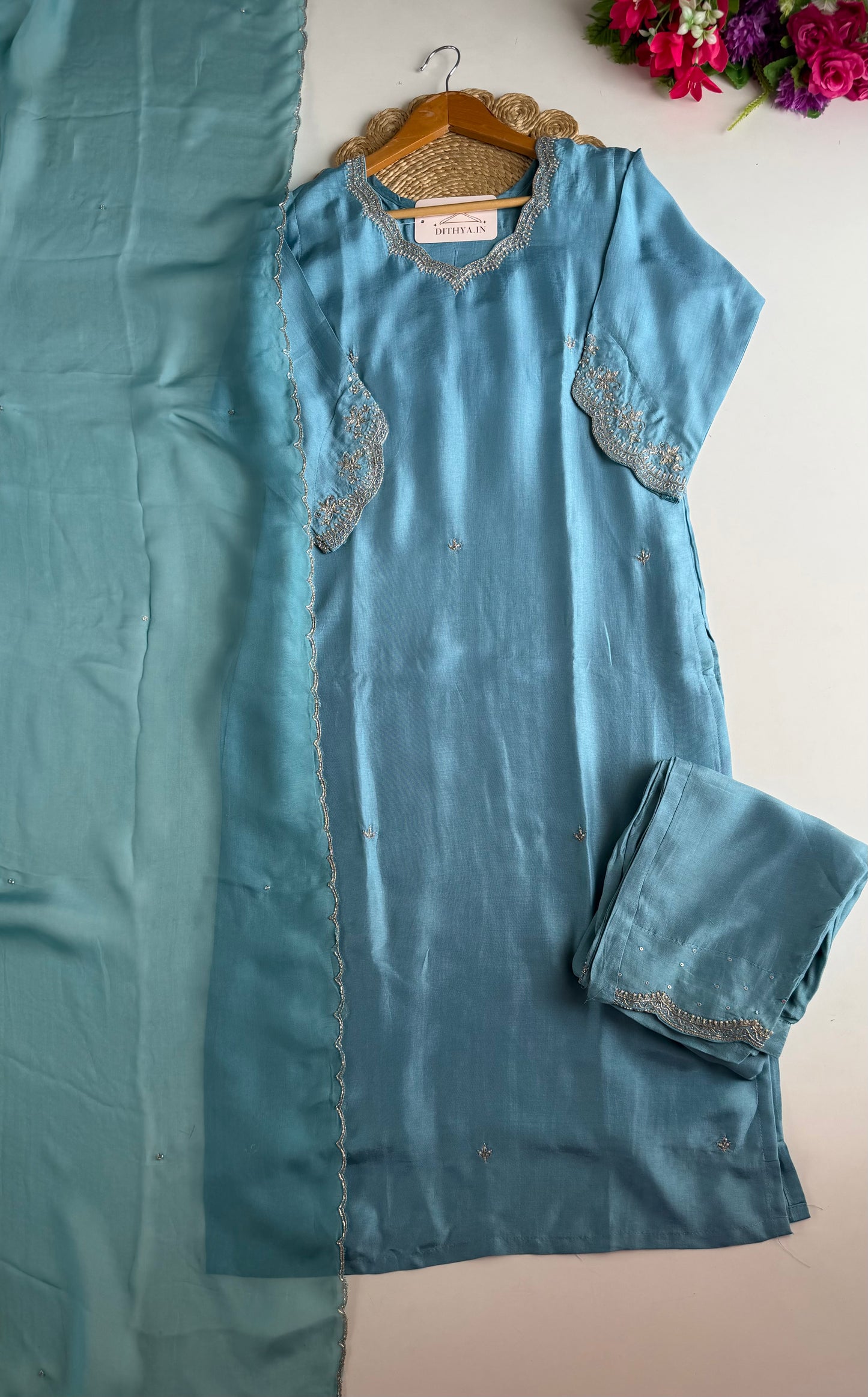 K366 - Russian silk handwork straight Kurti with pants and dupatta