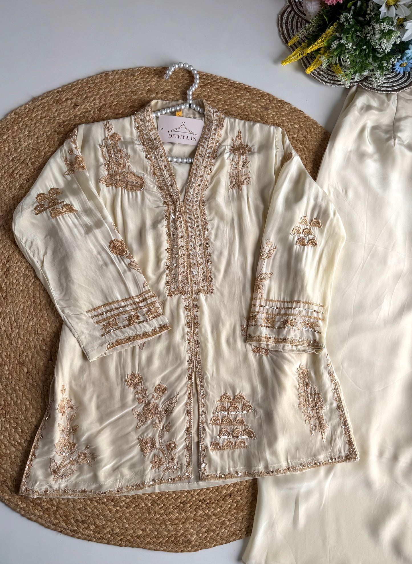 K656 - Pure crape handwork peplum Kurti with divider pants