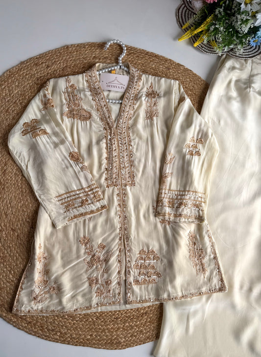 K656 - Pure crape handwork peplum Kurti with divider pants