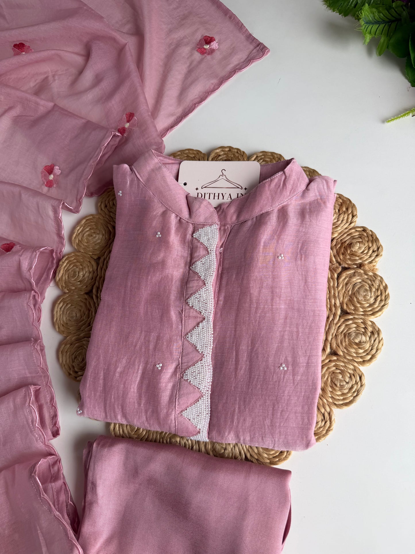 K004 - Mul chanderi handwork aline Kurti with pants and dupatta