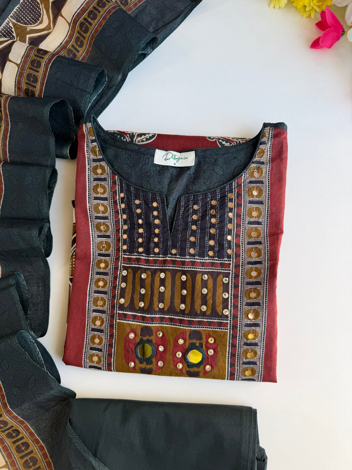K363 - Mul cotton embroidered Aline Kurti with pants and dupatta