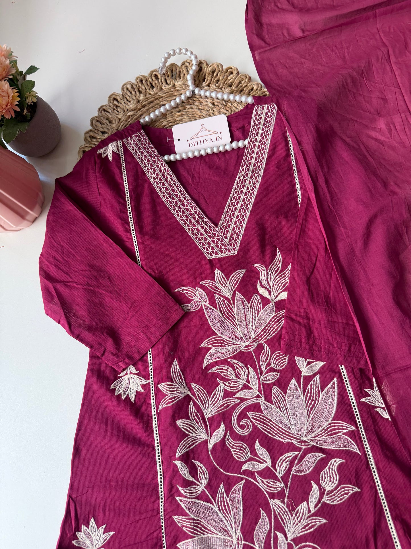 K593 - Cotton embroidered Aline Kurti with pants and dupatta