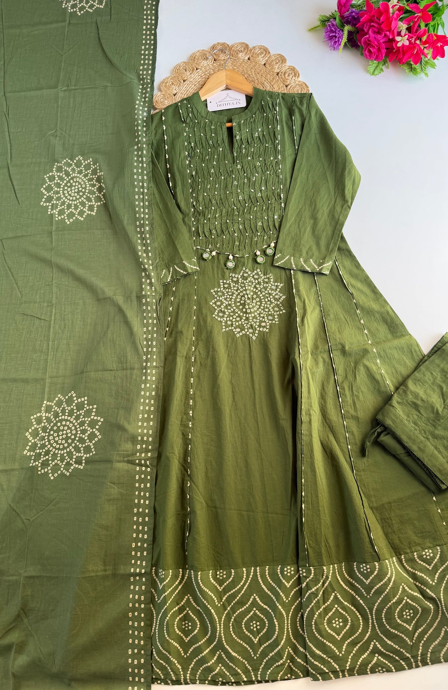 K273 - Mul cotton mirror work Anarkali with pants and dupatta in 4 colours