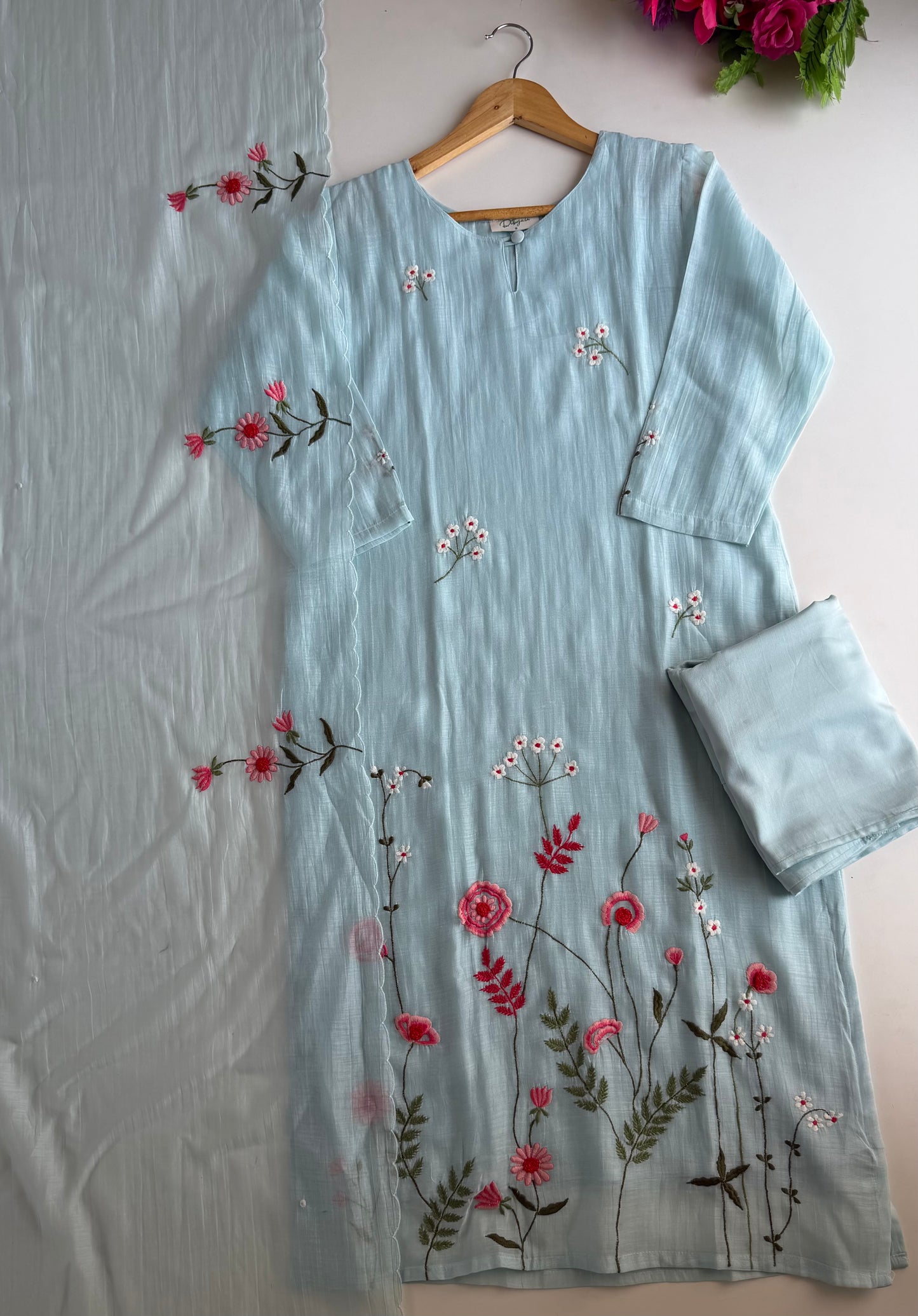 Mul Chanderi embroidered straight Kurti with pants and dupatta