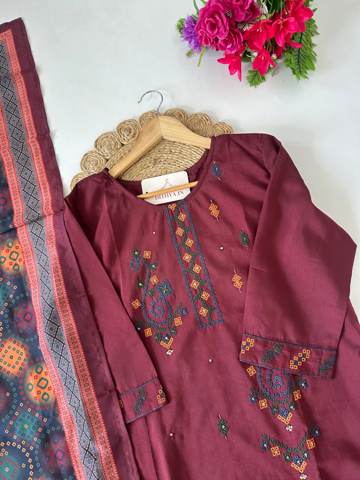 D537-Cotton straight Kurti with pants and dupatta