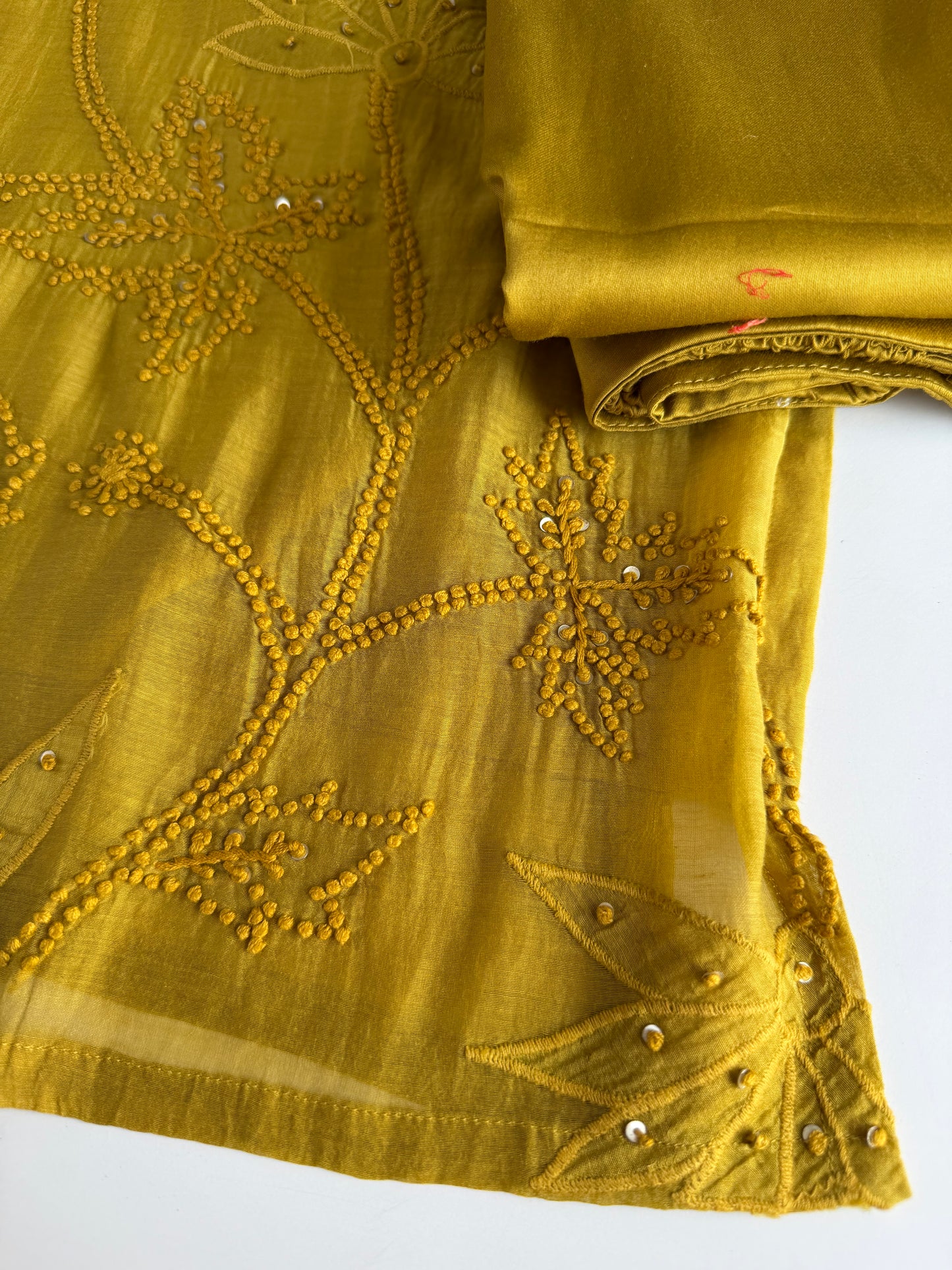 K261 - Mul chanderi knot work straight Kurti with pants and dupatta