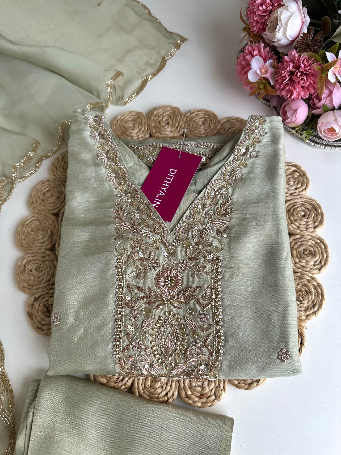 K428 - Russian silk handwork straight Kurti with pants and dupatta