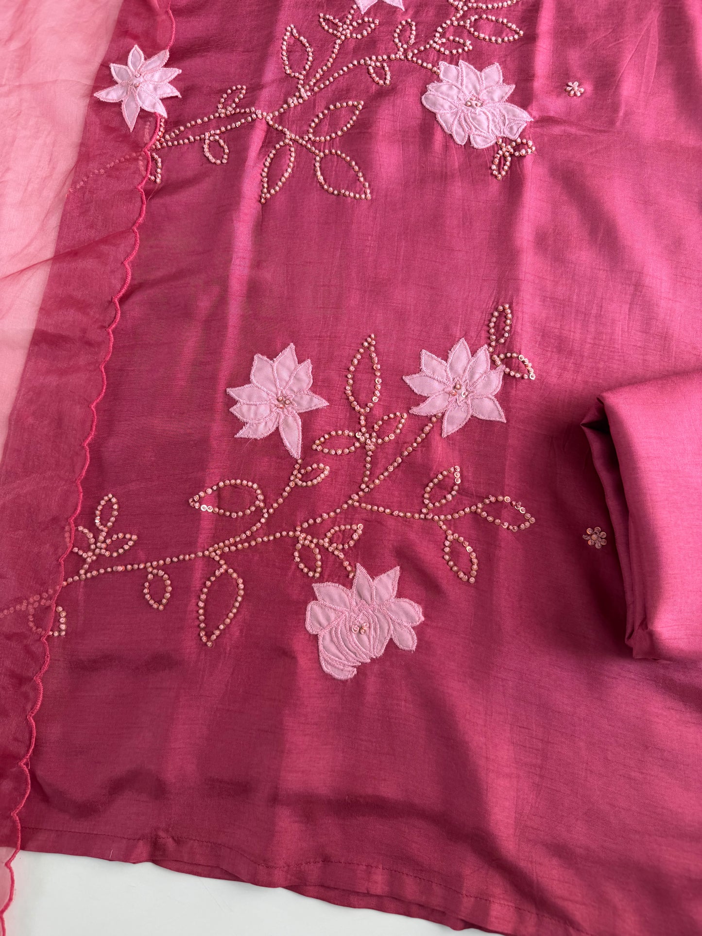 K119 - Russian silk appliqué handwork straight Kurti with pants and dupatta