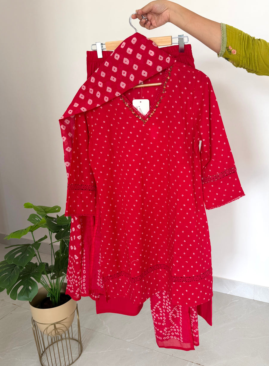 K408 - Mul cotton bandhini short Kurti with farshi pants & dupatta