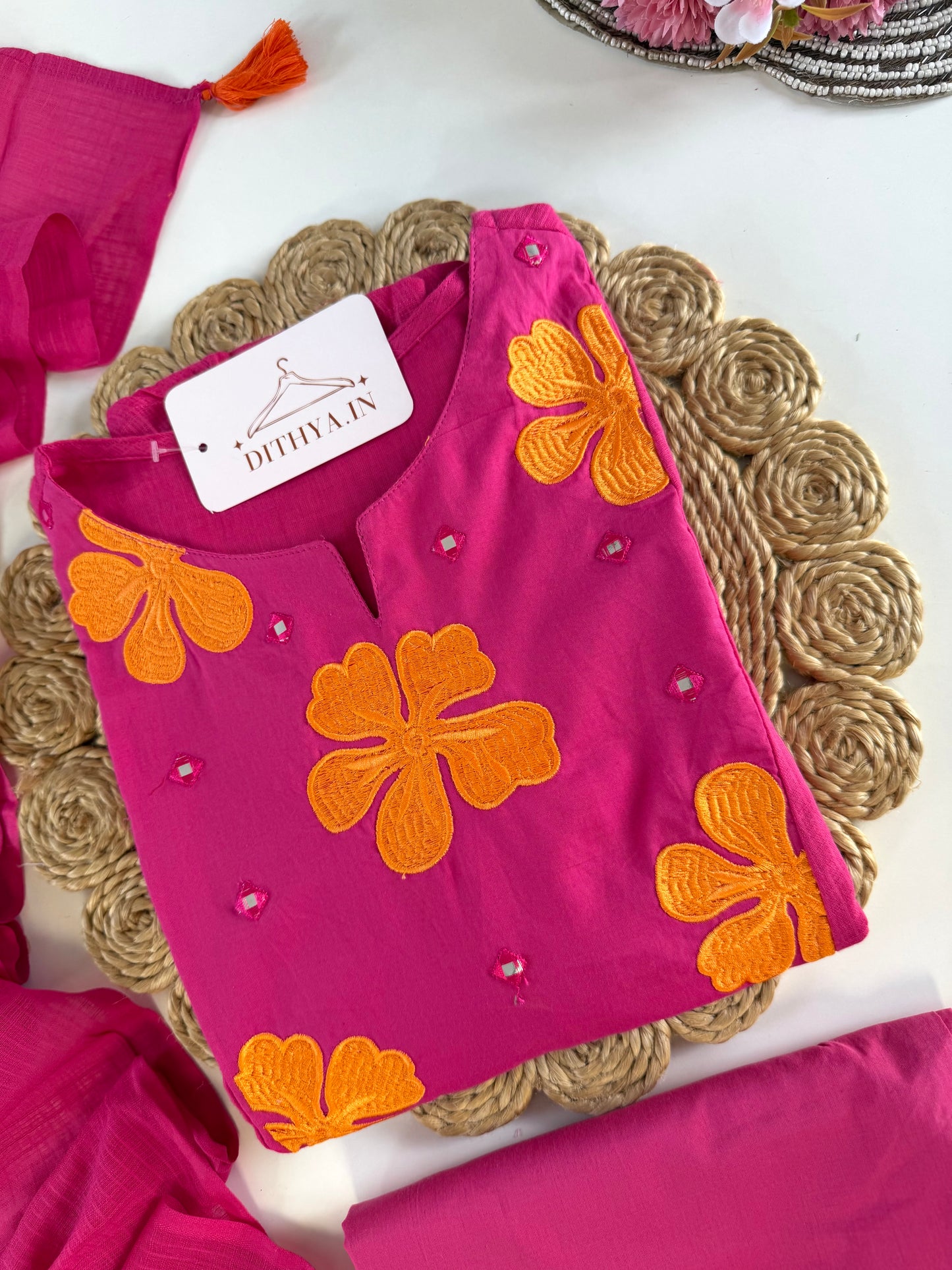 K634 - Mul cotton embroidered Aline Kurti with pants and dupatta