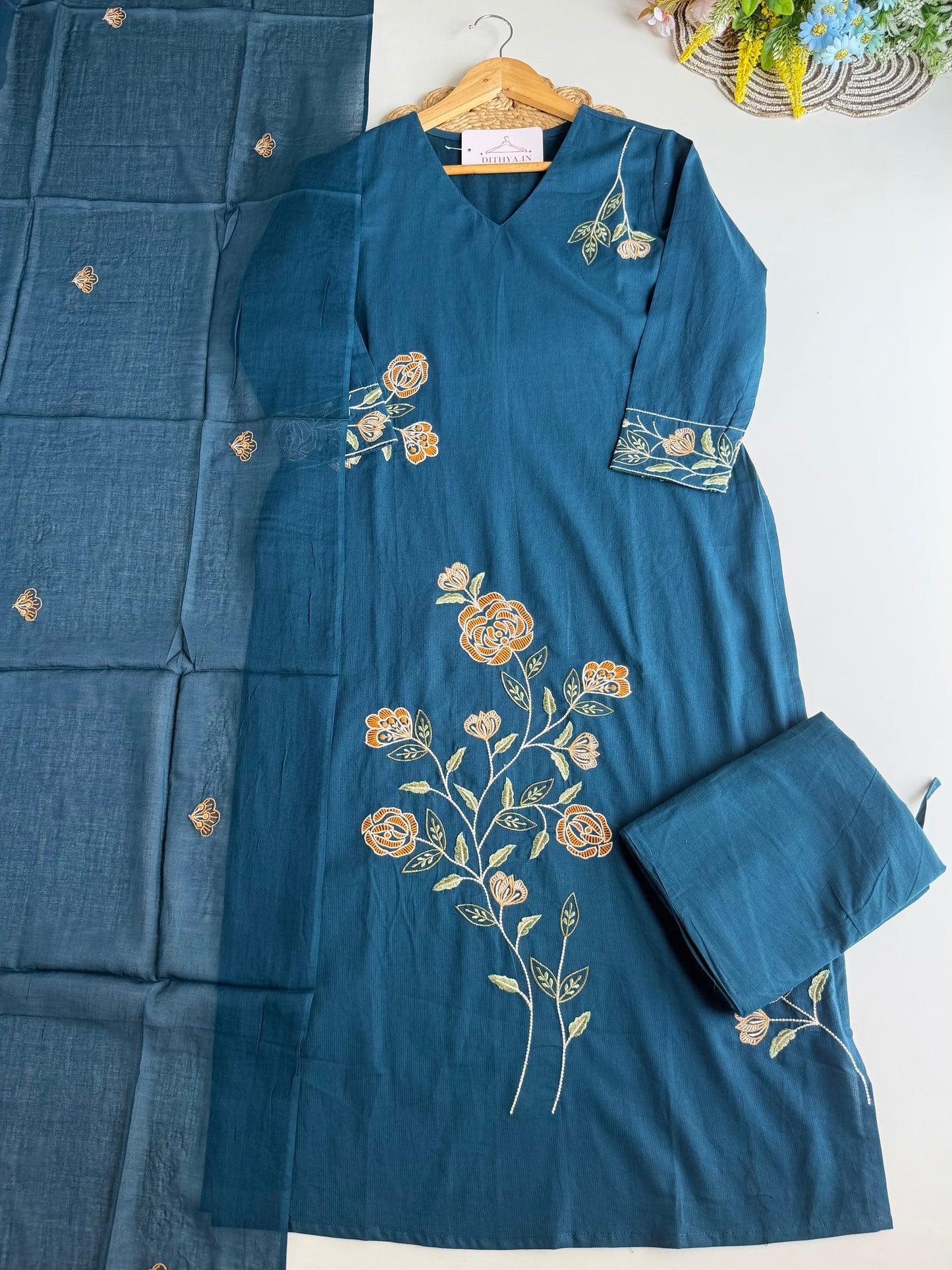 K695 - Mul cotton embroidered straight Kurti with pants and dupatta