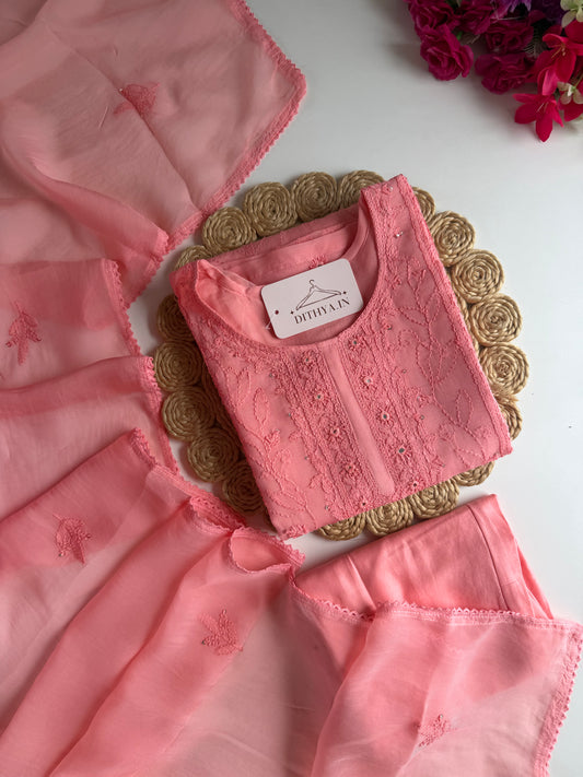 K180 - Viscose organza chikankari straight Kurti with pants and dupatta