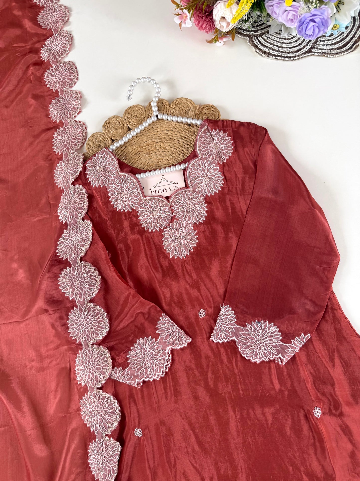 K467 - Pure Ho silk handwork aline Kurti with pants and dupatta
