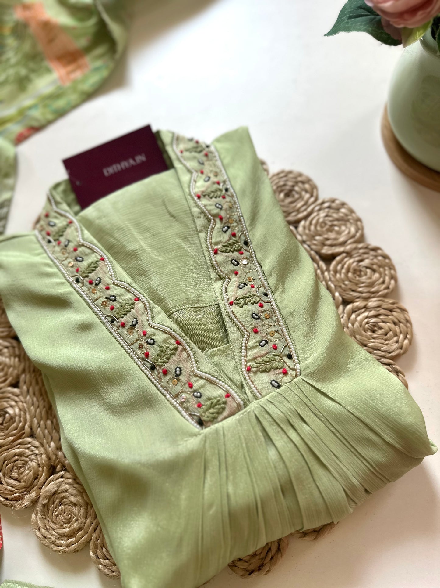 K327 - Pure chinnon Aline Kurti with pants and floral dupatta .