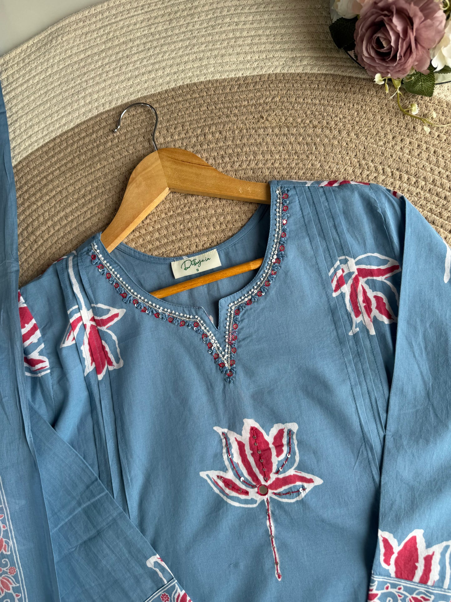 K164 - Mul cotton embroidered Aline Kurti with pants and dupatta in 3 colours