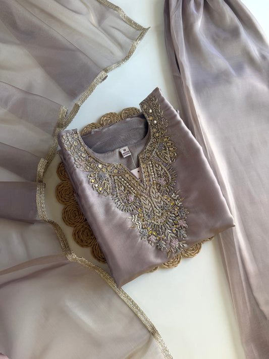 K540 - Tissue silk handwork aline Kurti with pants and dupatta