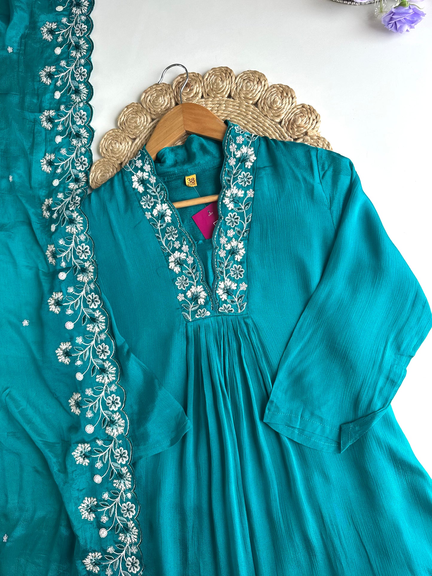 K473 - Chinnon embroidered Aline Kurti with pants and dupatta