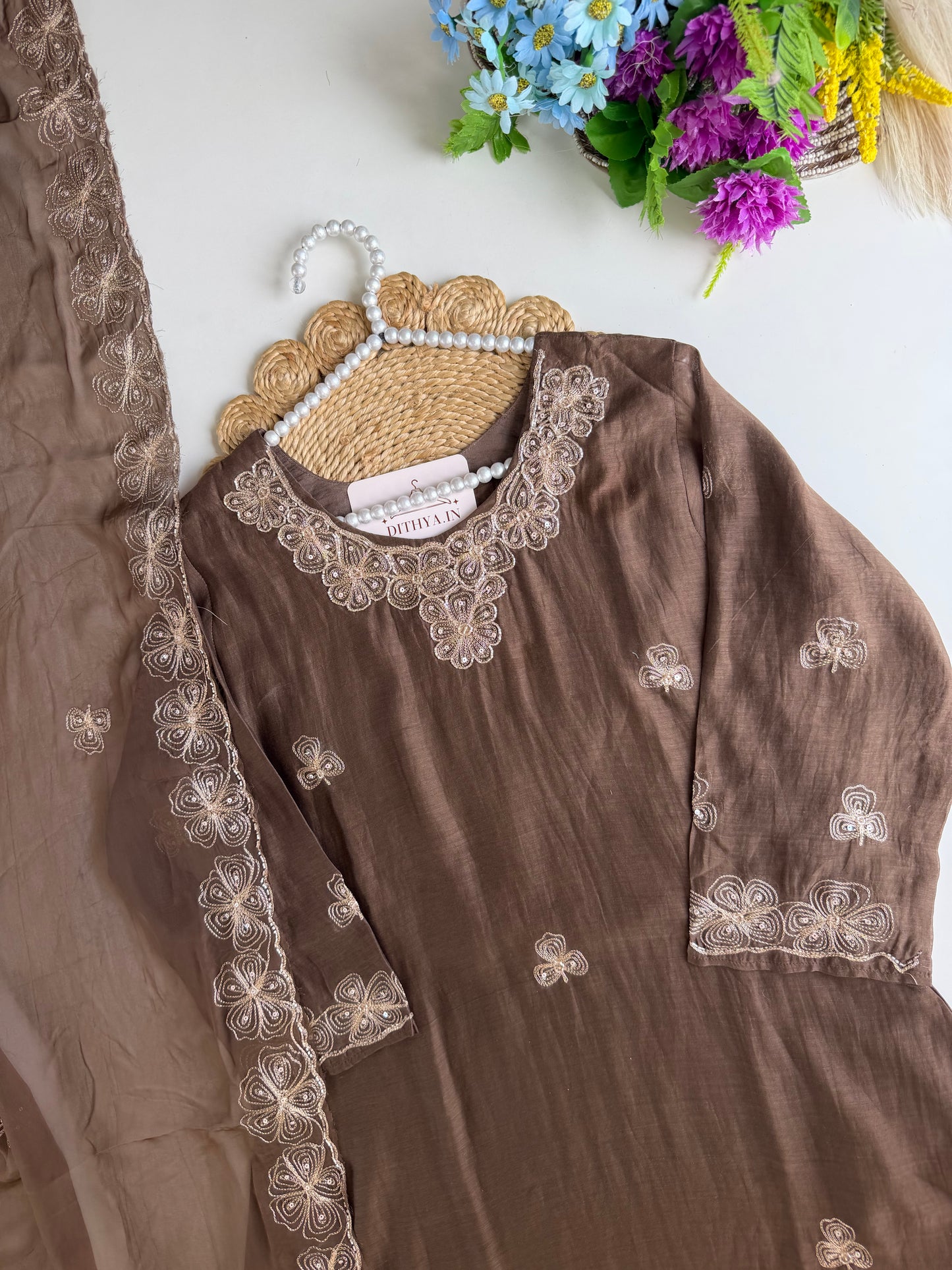 K304 - Mul chanderi zari work Aline Kurti with pants and dupatta
