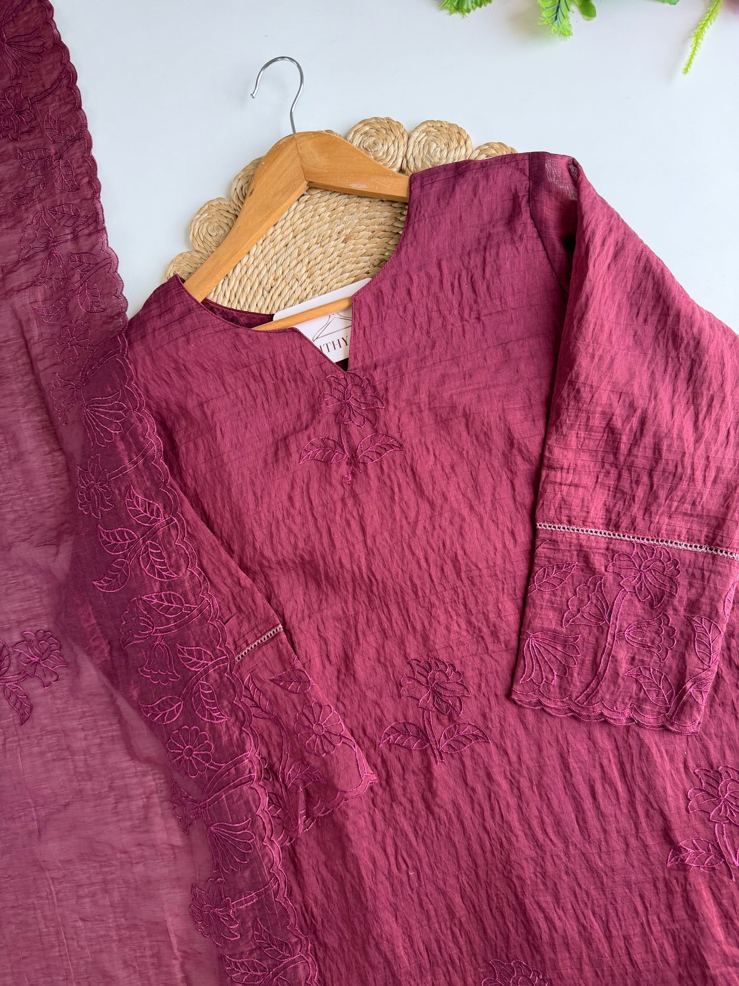 K208 - Crushed Mul chanderi embroidered straight Kurti with pants and dupatta in 2 colours