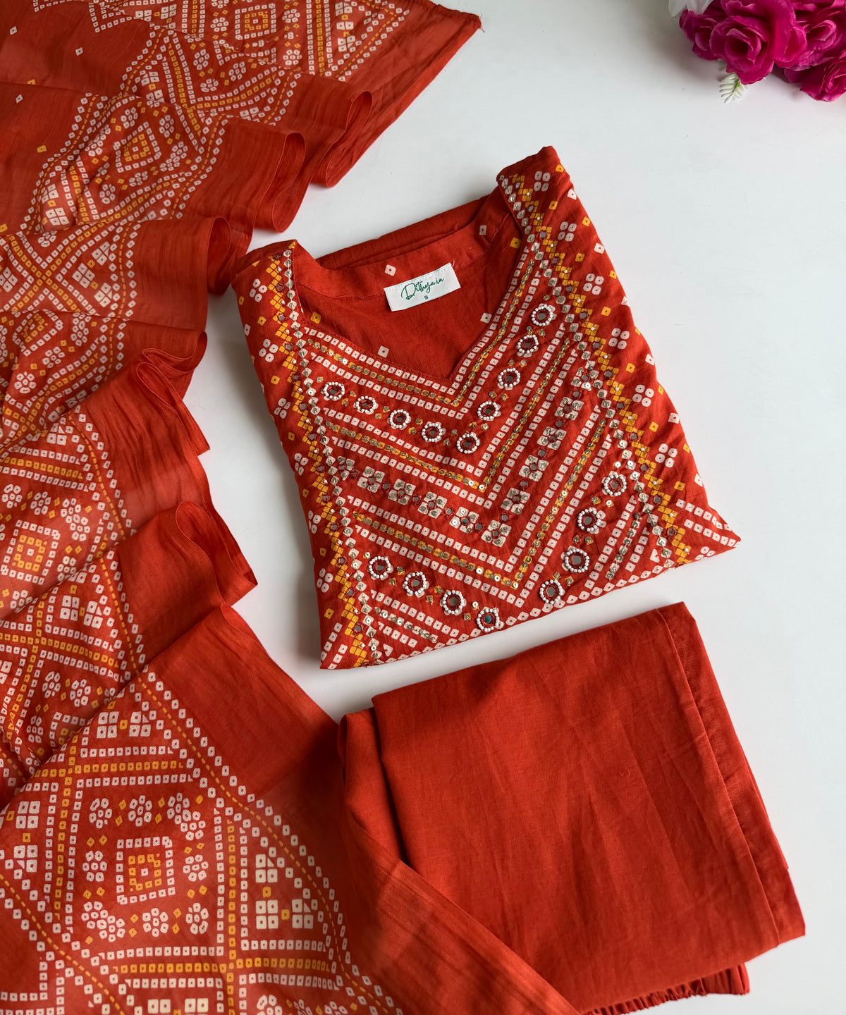 K119 - Mul cotton handwork straight Kurti with pants and dupatta