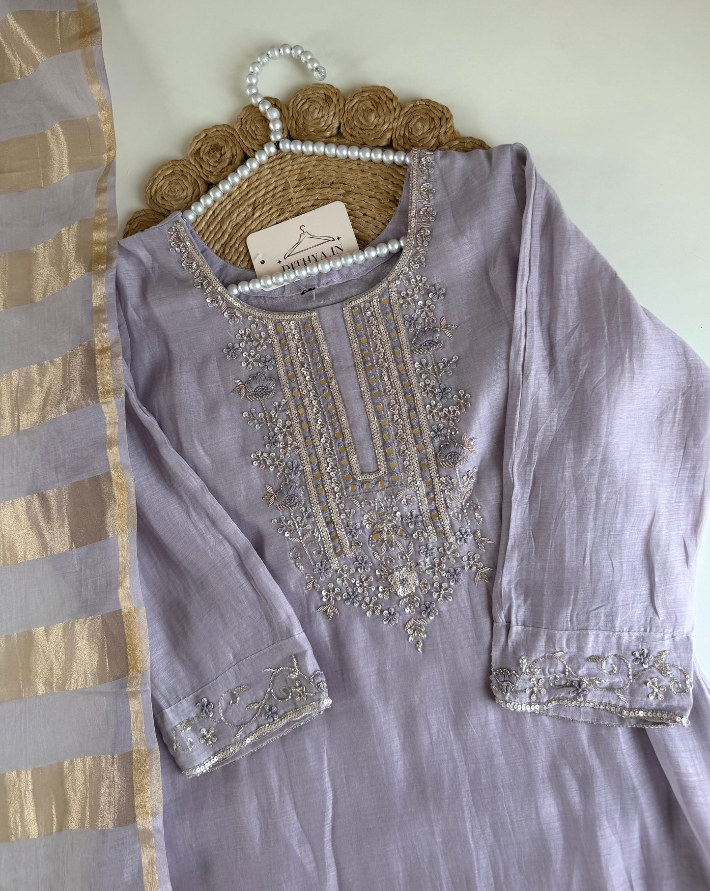 K493 - Mul chanderi handwork aline Kurti with pants and dupatta