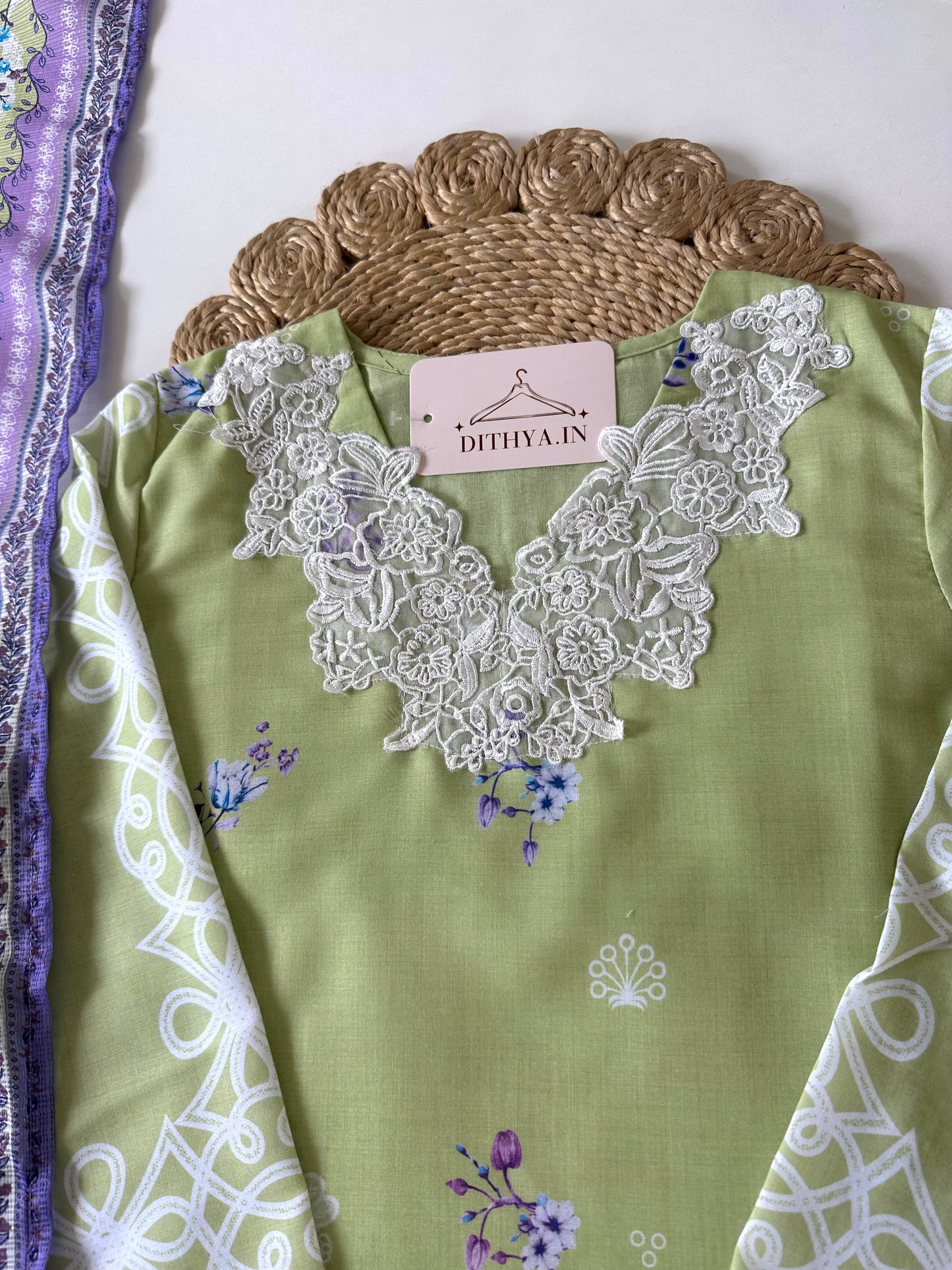 K023 - Mul cotton embroidered straight kurti with pants and dupatta