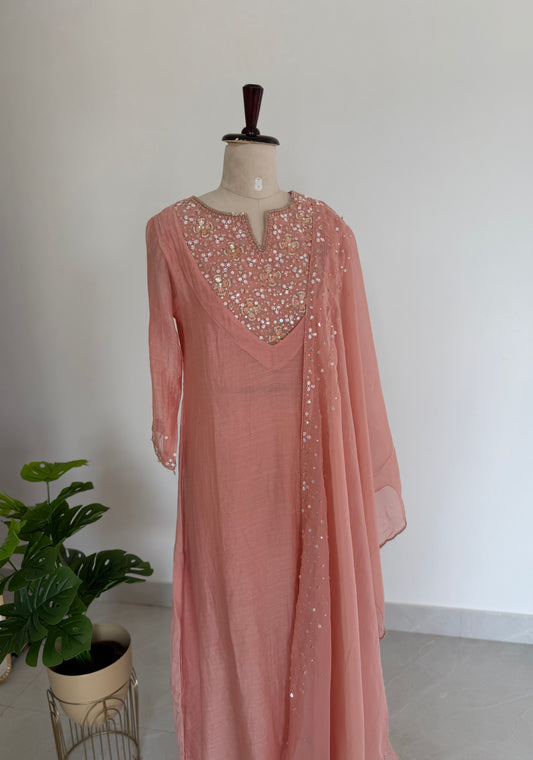 K287 - Mul chanderi handwork aline Kurti with pants and dupatta