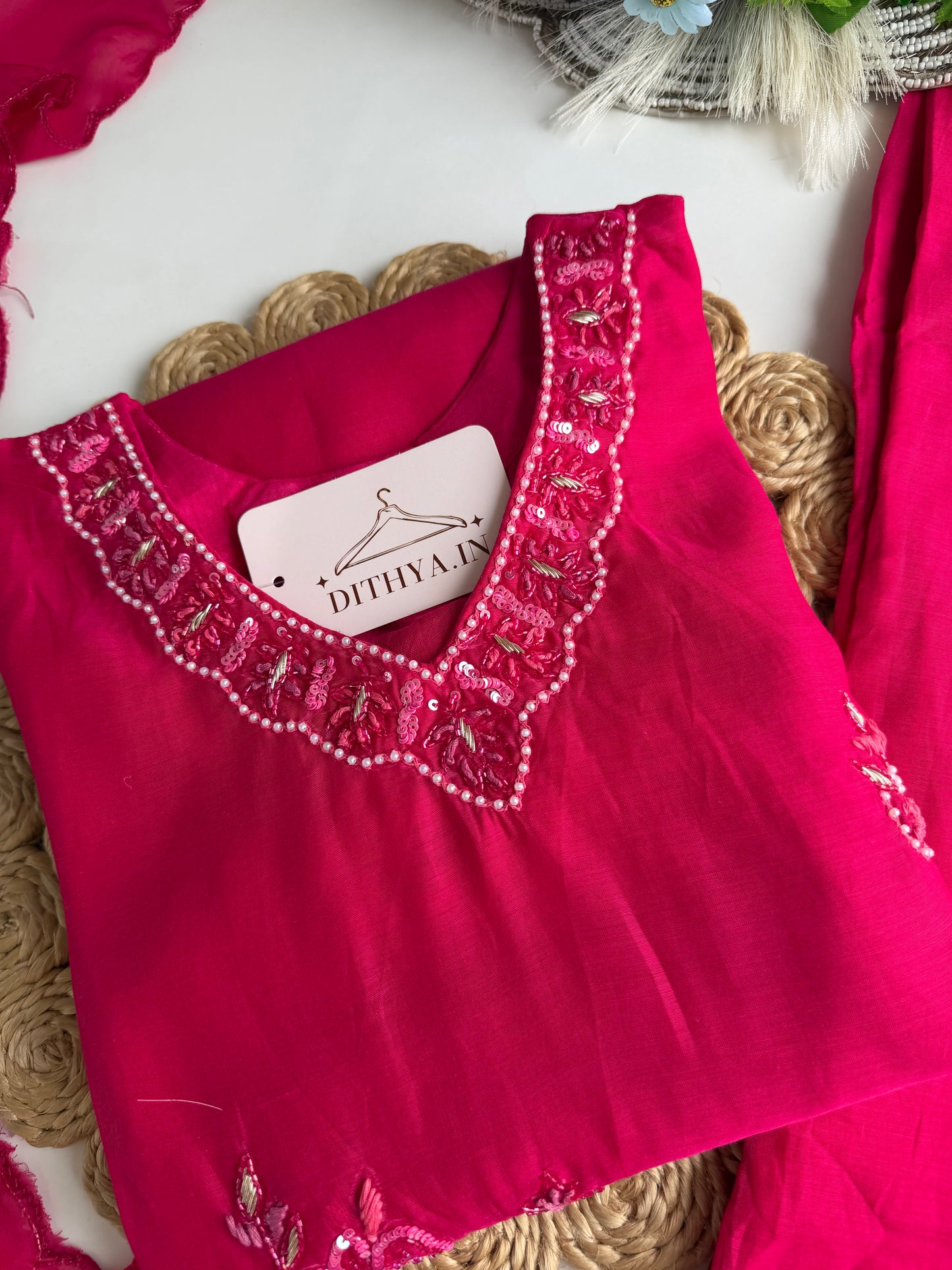 K610 - Mul chanderi handwork short Kurti with pants and dupatta