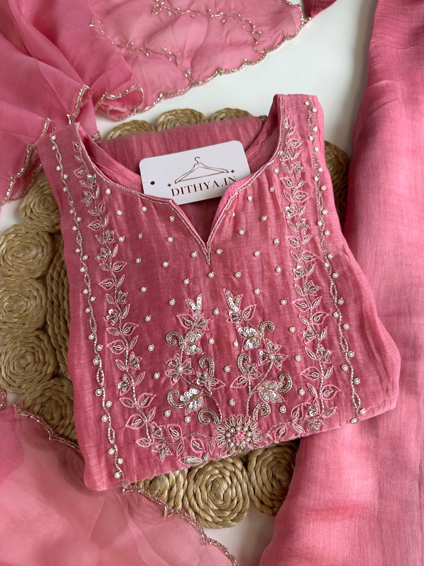 K195 - Mul Chanderi handwork Short Kurti with palazzo and dupatta