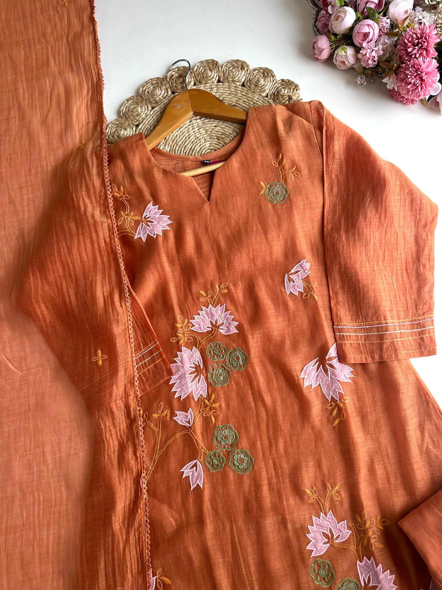 K425 - Mul Chanderi appliqué work Aline Kurti with pants and dupatta