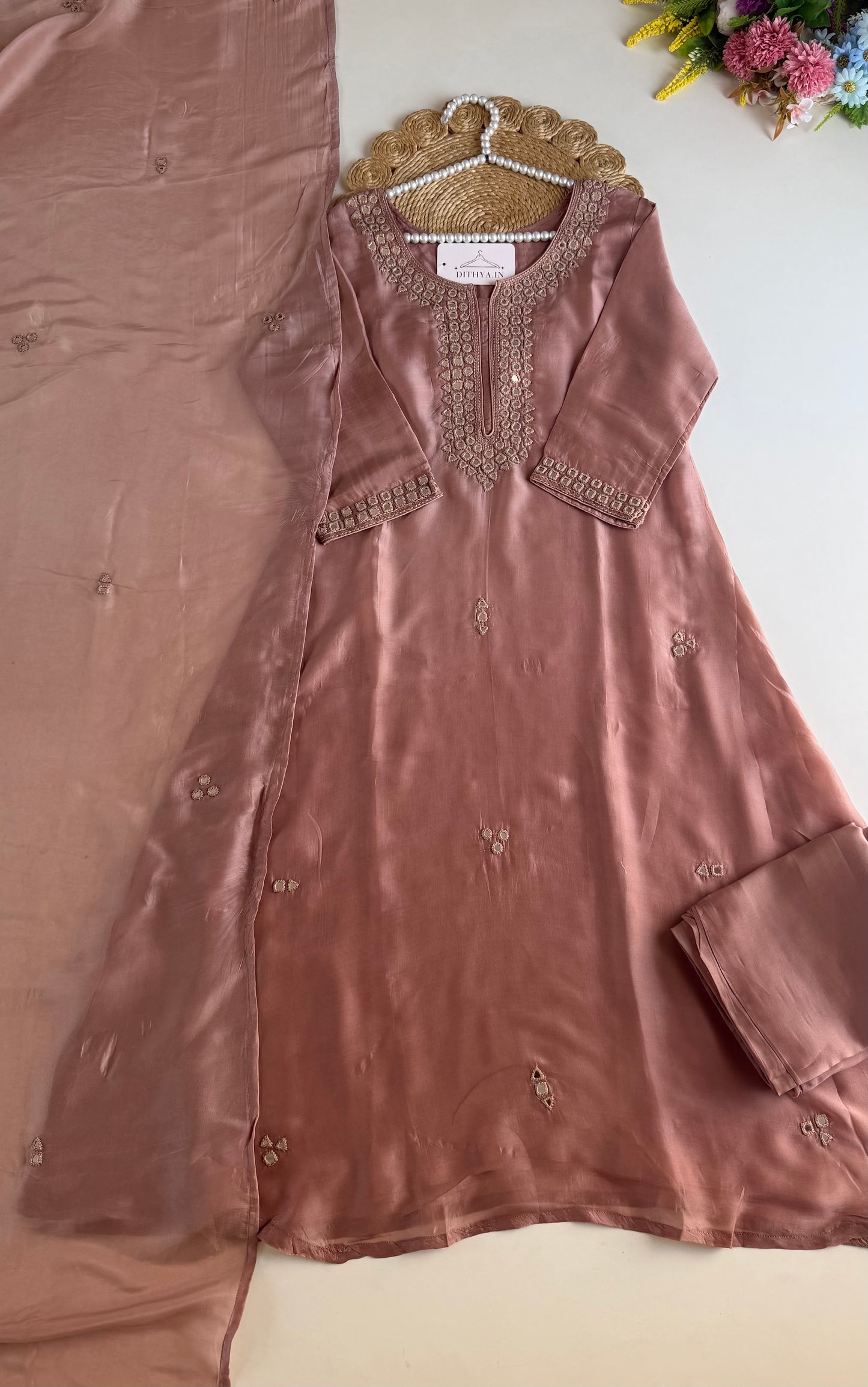 K424 - Pure HO silk mirror work aline Kurti with pants and dupatta