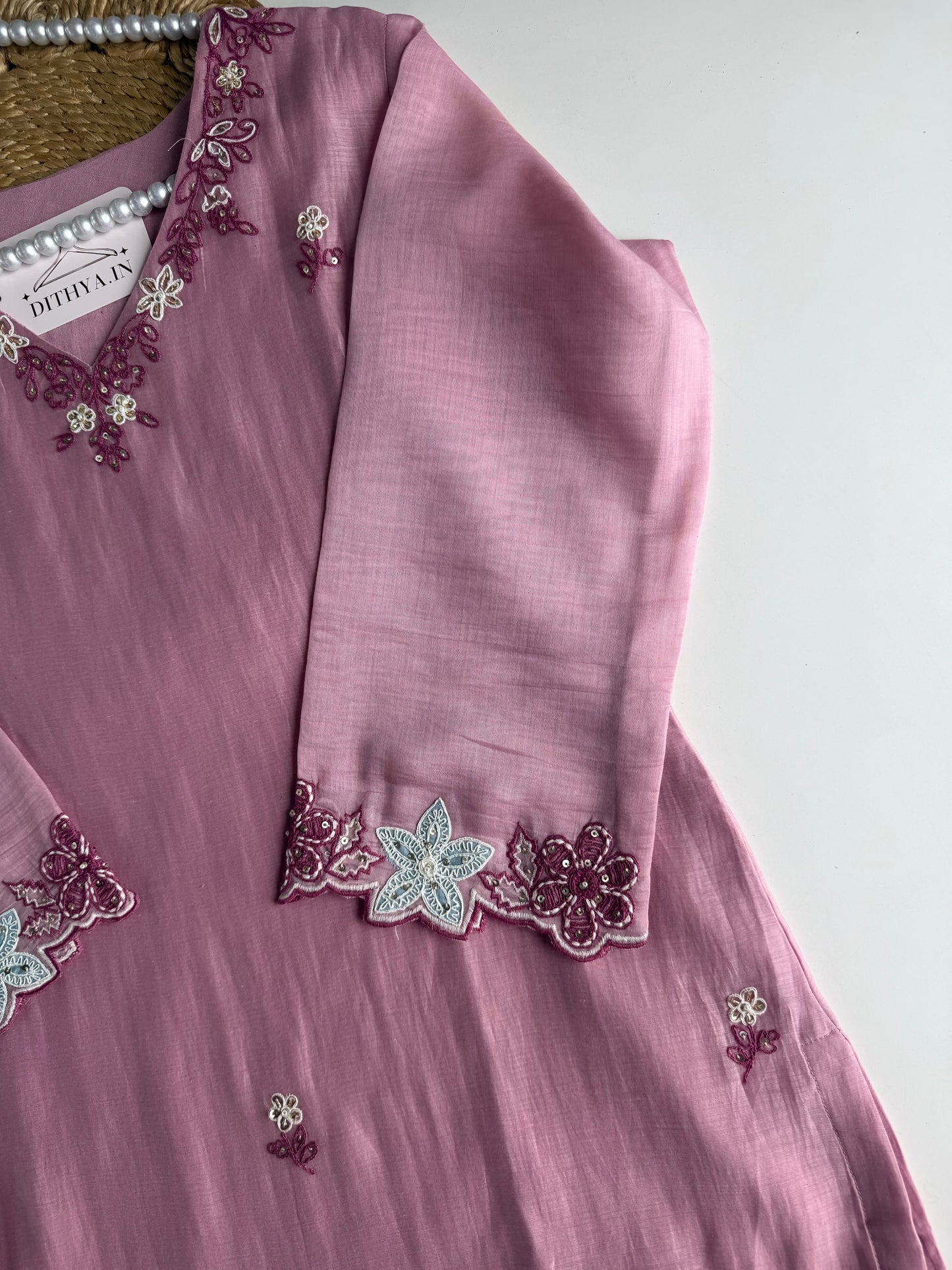 K541 - Mul chanderi handwork straight Kurti with pants and dupatta
