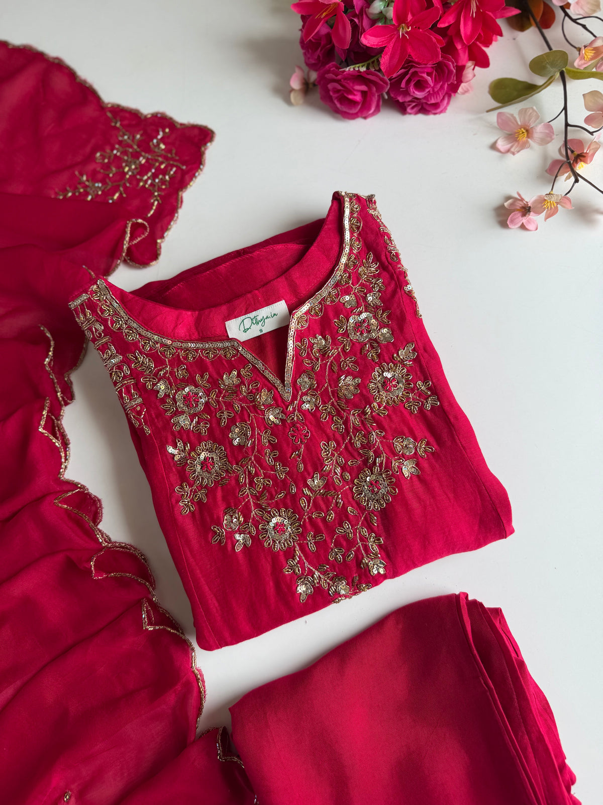 K625 - Mul chanderi handwork aline Kurti with pants and dupatta