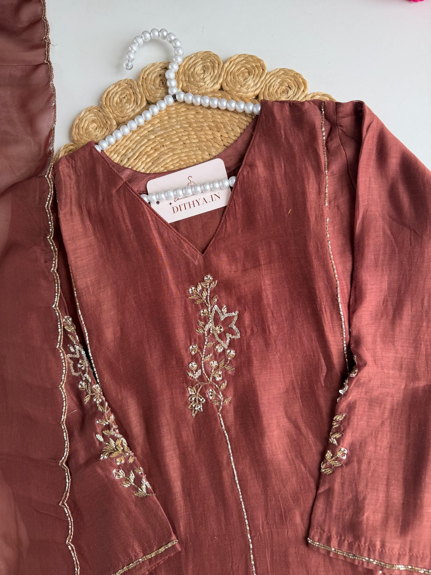 K582 - Mul chanderi handwork aline Kurti with pants and dupatta