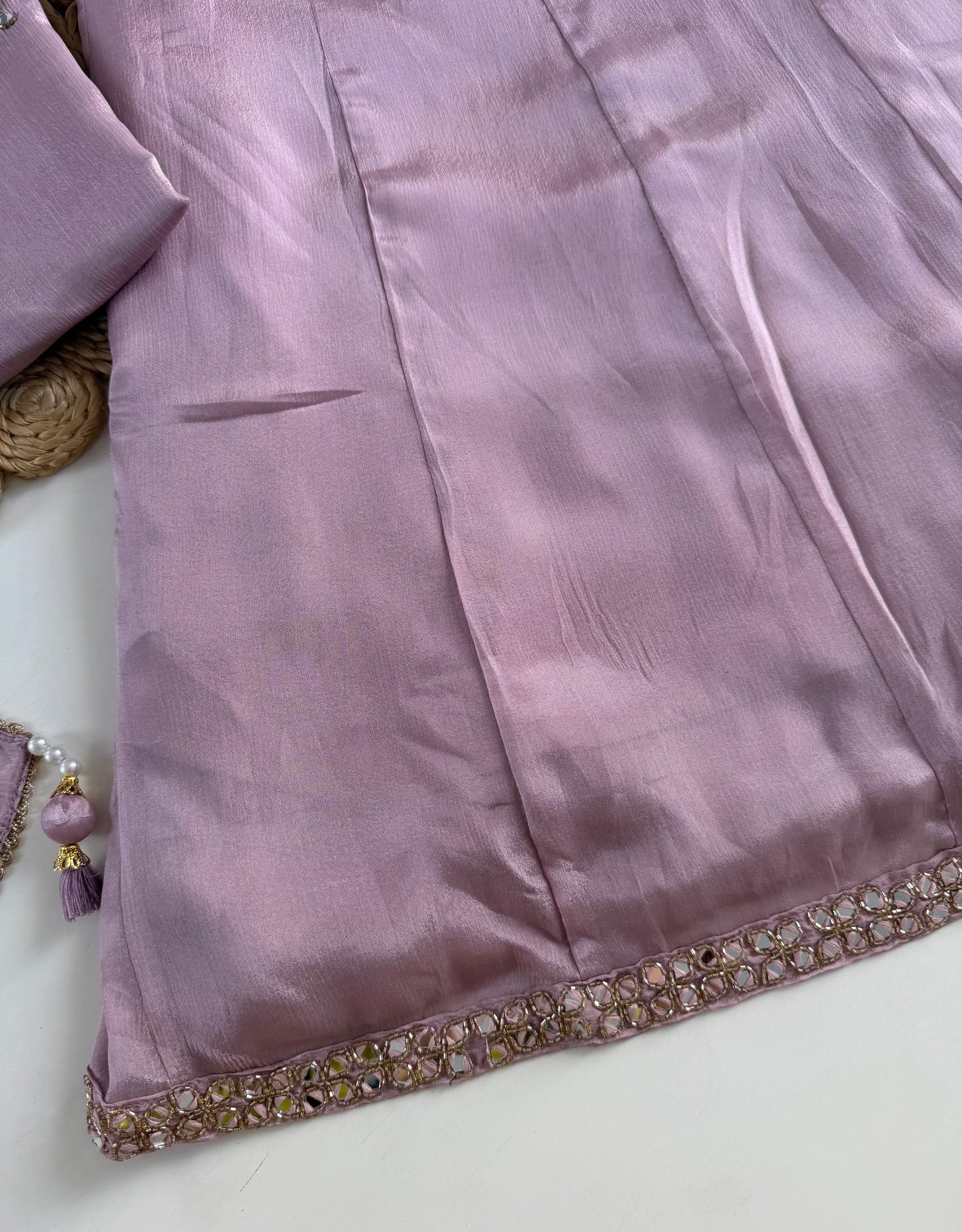 K376 - Pure Chinnon mirror handwork short Kurti with divider pants and dupatta