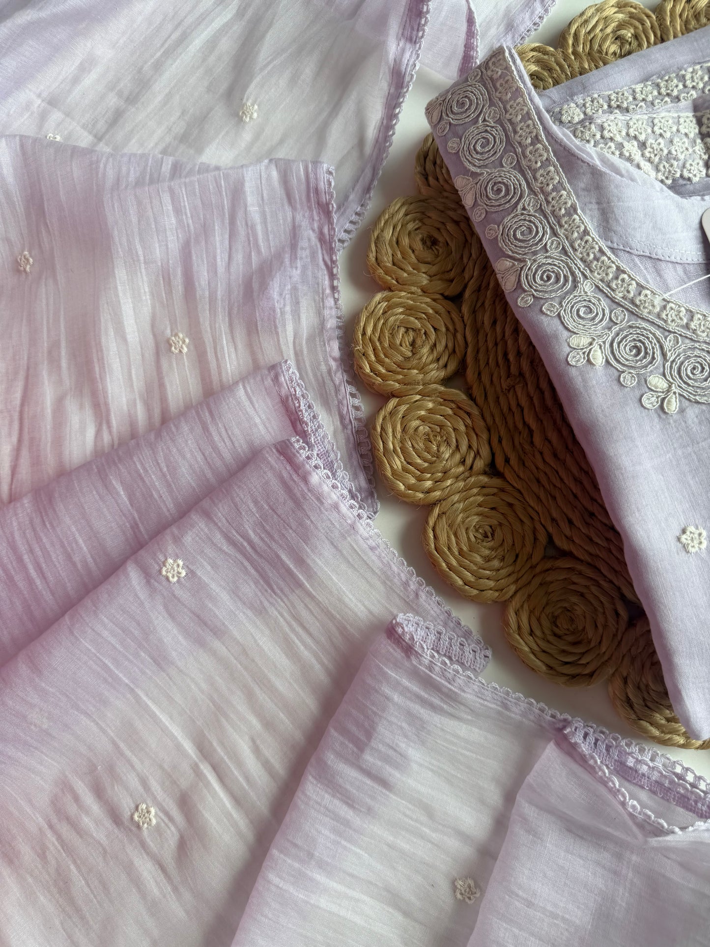 K419 - Mul chanderi embroidered straight Kurti with pants and dupatta