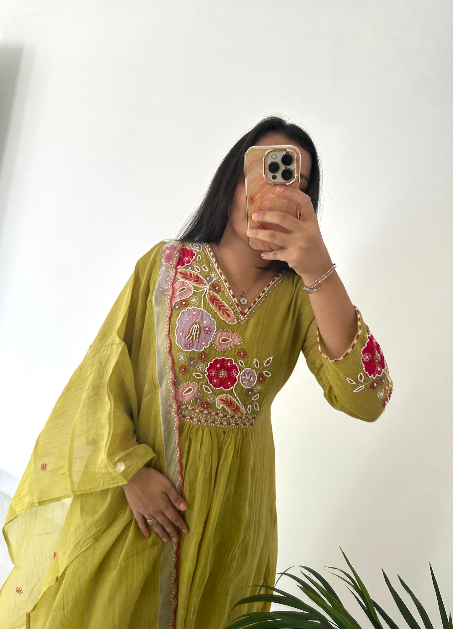 K366 - Mul Chanderi handwork Anarkali with pants and dupatta