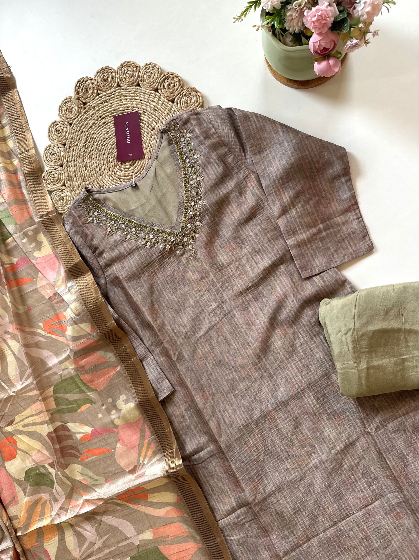 K268 - Chanderi silk straight kurti with pants and dupatta .