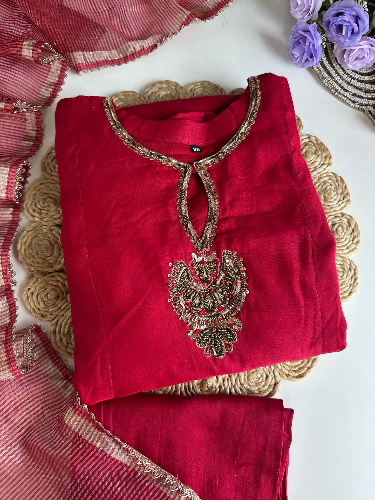 K035 - Mul Chanderi Handwork Aline Kurti with pants and dupatta in 2 colours