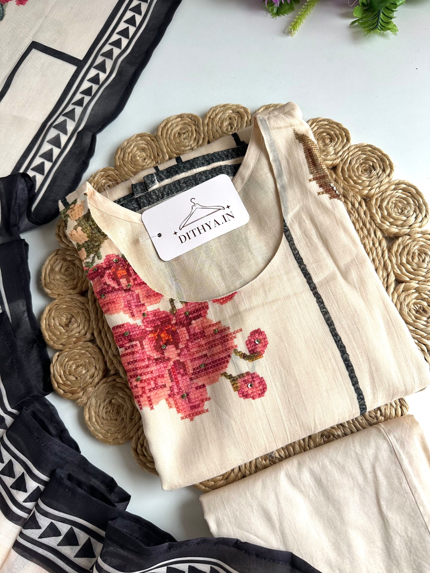 K694 - Mul cotton printed straight Kurti with pants and dupatta