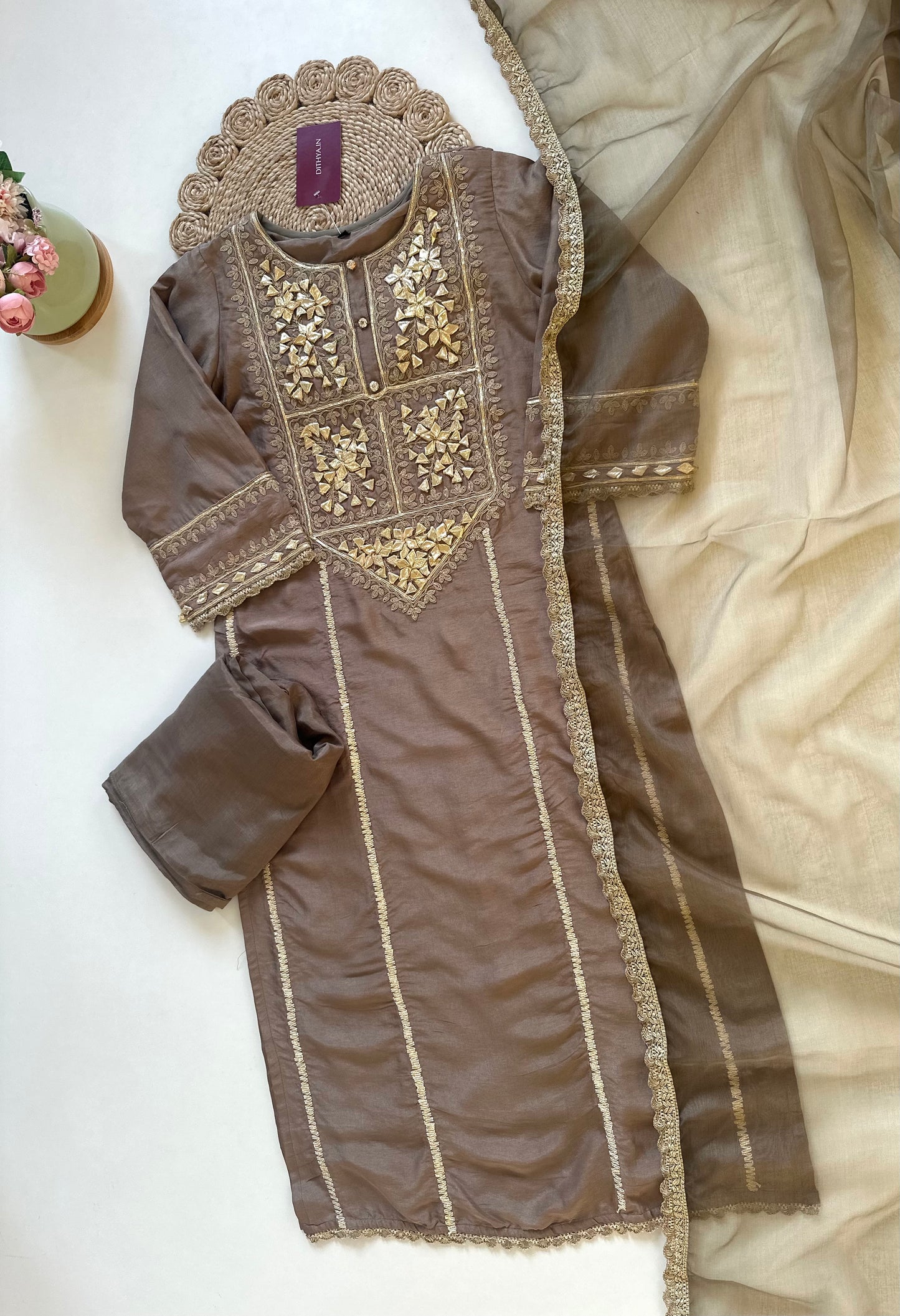 K255-Russian silk Gota work straight kurti with pants and organza dupatta in 2 colours .