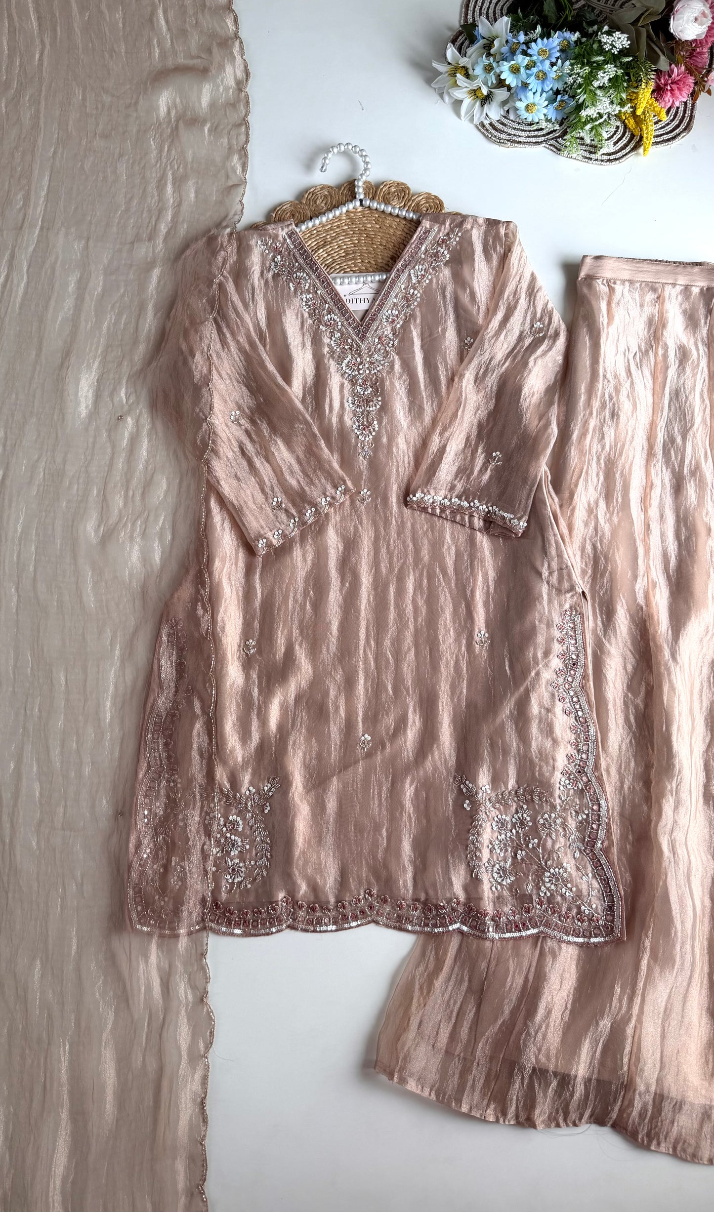 K631 - Glass Tissue handwork short Kurti with palazzo and dupatta