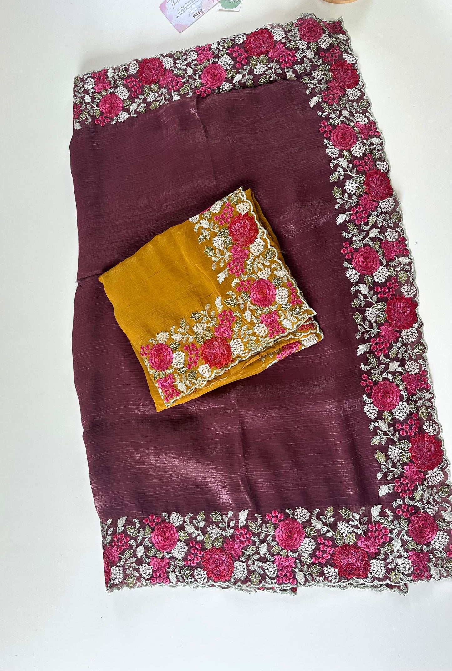 S008 - Shimmer Crepe silk Hand embroidery saree in 2 colours